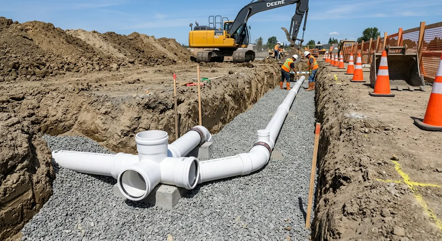 New PVC sewer pipe installation in open trench for Commercial Drain Cleaning in Salina