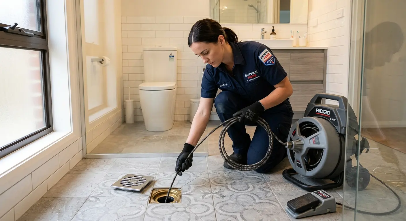 Technician clearing a bathroom floor drain for Hydro Jetting in Salina